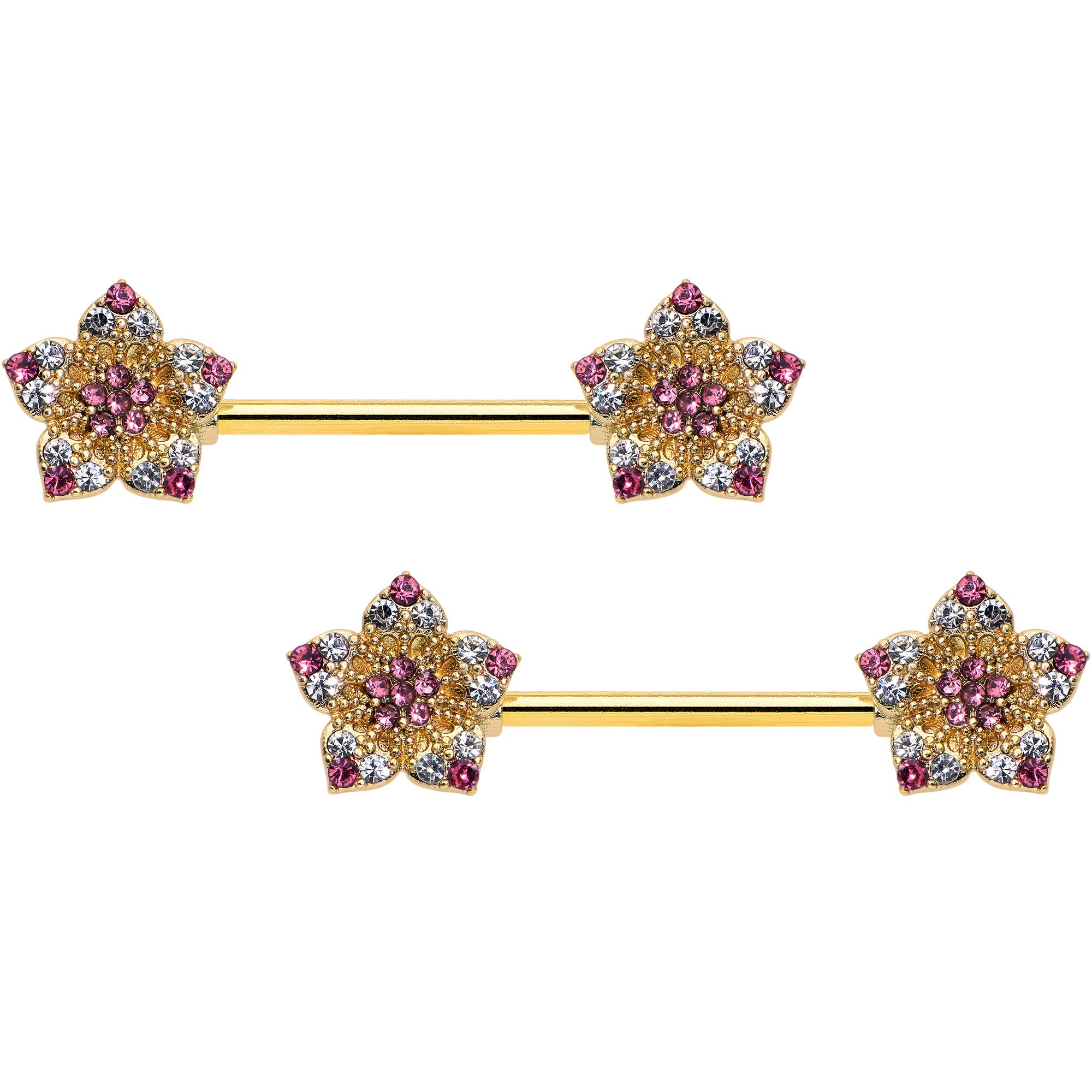 Image of 14 Gauge 9/16 Pink Gem Gold Tone Texture Star Barbell Nipple Ring Set