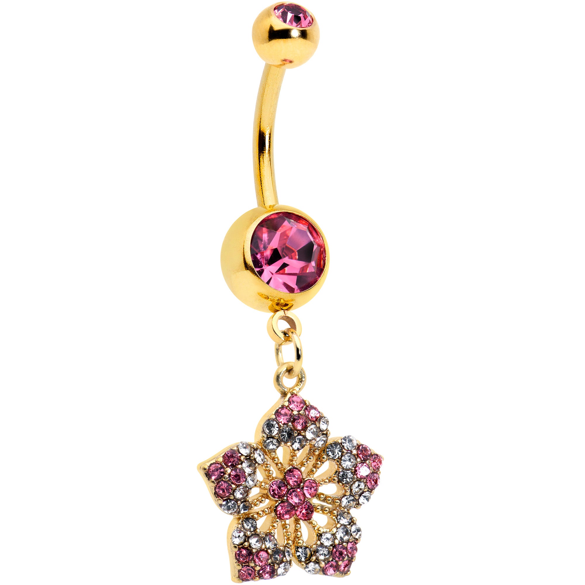 Image of Pink Clear Gem Gold Tone Texture Star Dangle Belly Ring