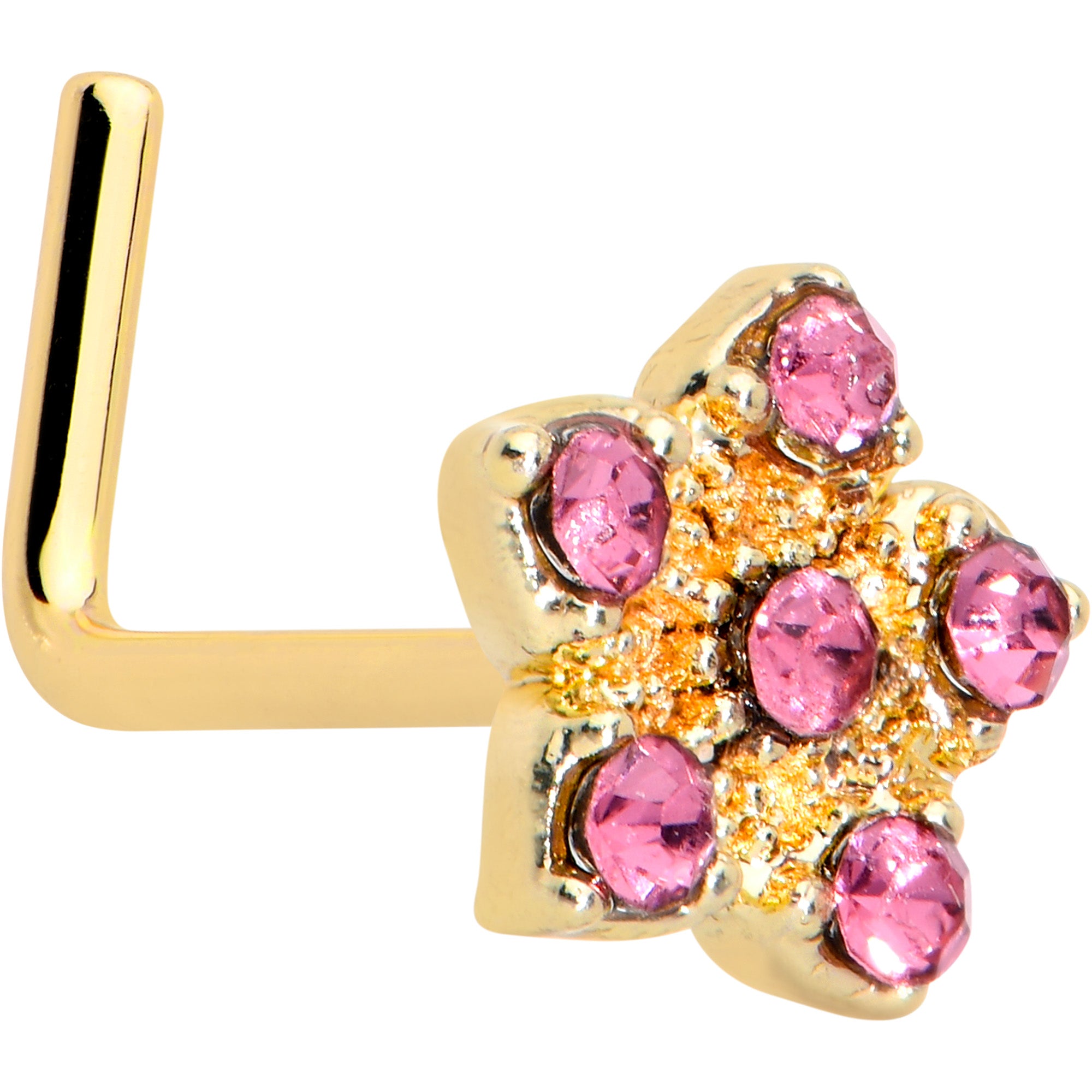 Image of 20 Gauge 7mm Pink Gem Gold Tone Texture Star Flower L Shape Nose Ring