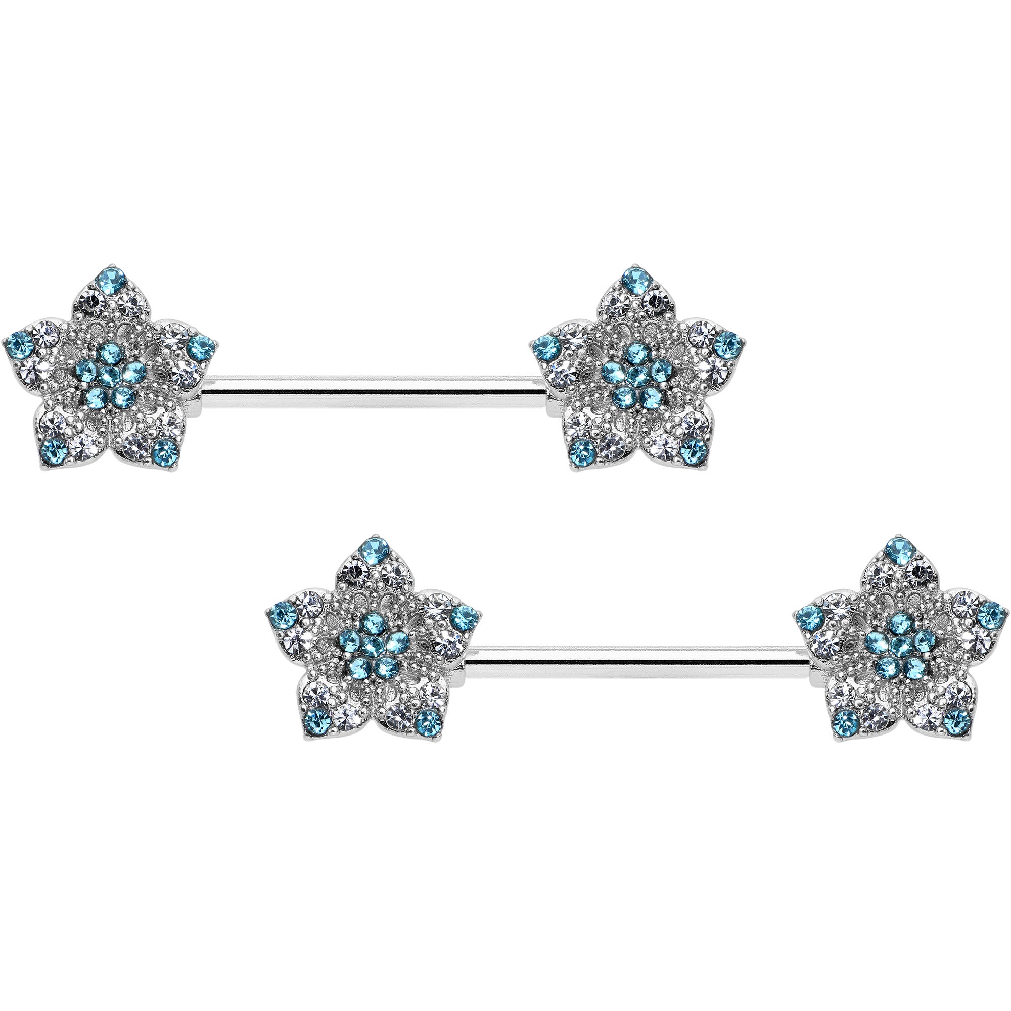 Image of 14 Gauge 9/16 Blue Clear Gem Opulent Flowers Barbell Nipple Ring Set