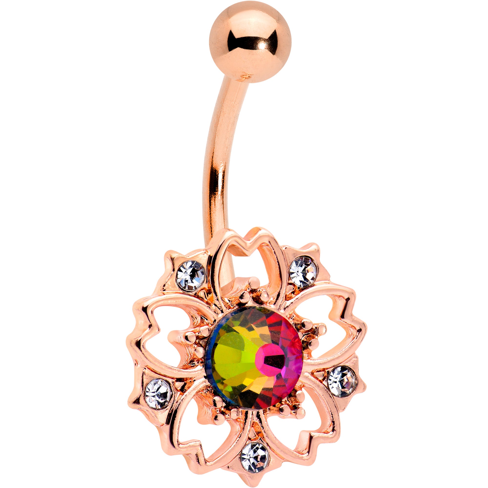 Image of Dark Aurora Gem Rose Gold Tone Filigree Flower Belly Ring