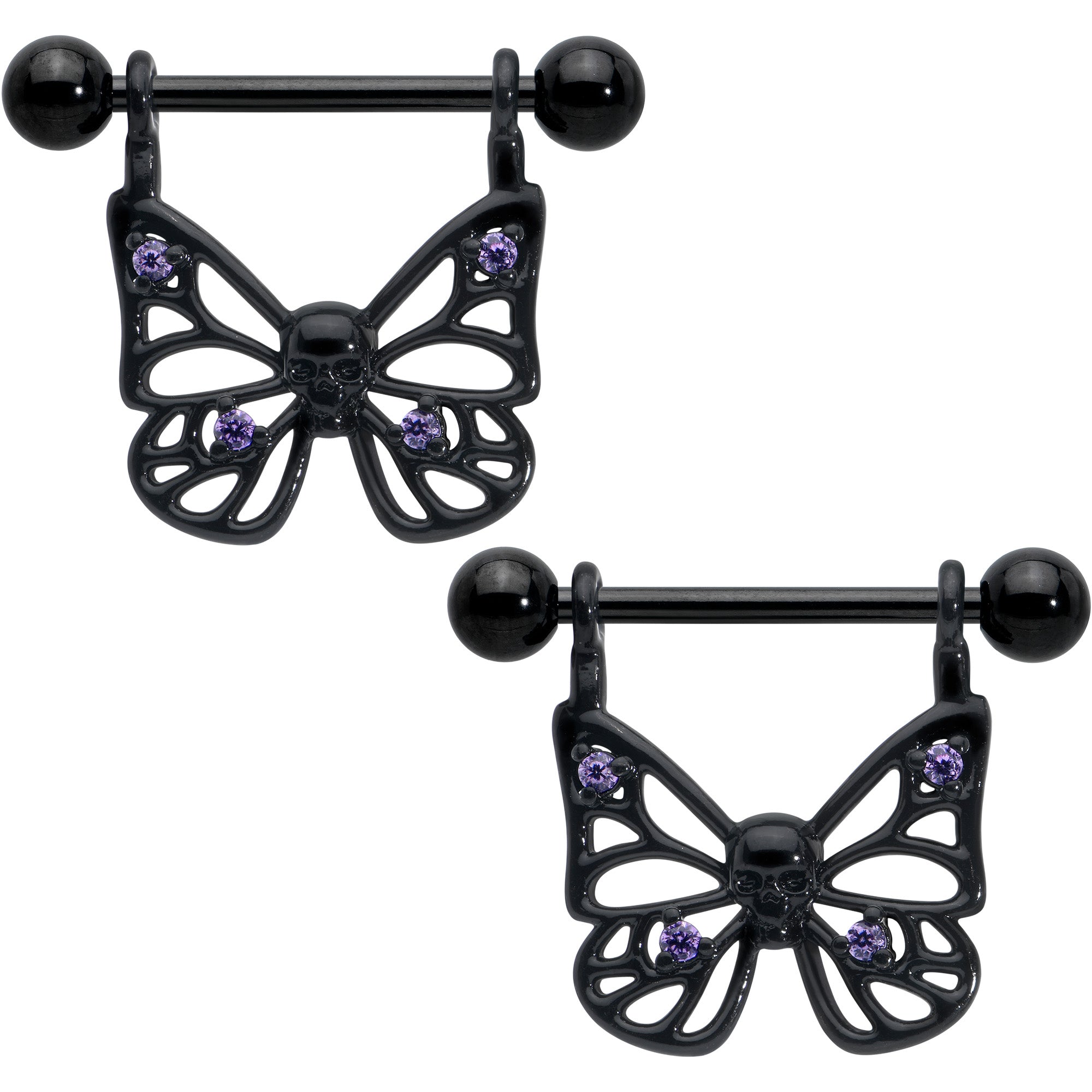 Image of 14 Gauge 11/16 Purple CZ Gem Black Skull Butterfly Dangle Nipple Ring Set