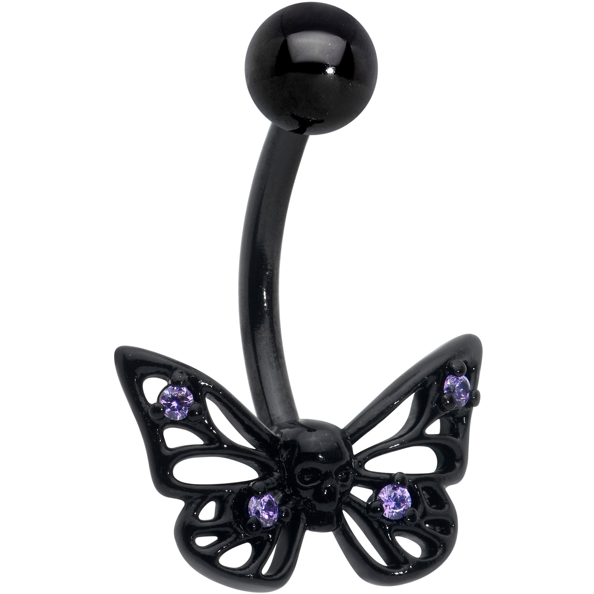 Image of Purple CZ Gem Black Skull Butterfly Belly Ring