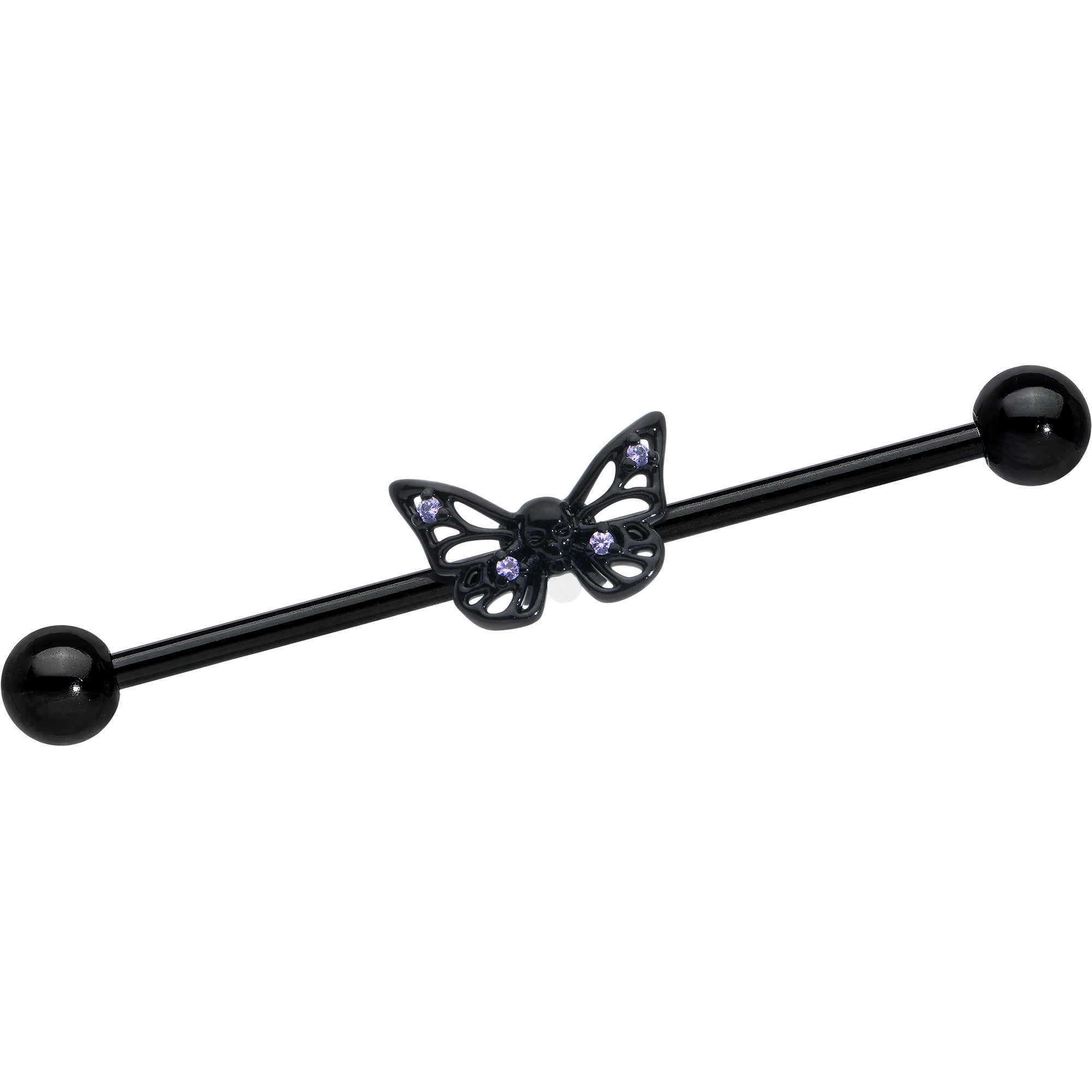 Image of 14 Gauge Purple CZ Gem Black Skull Butterfly Industrial Barbell 38mm