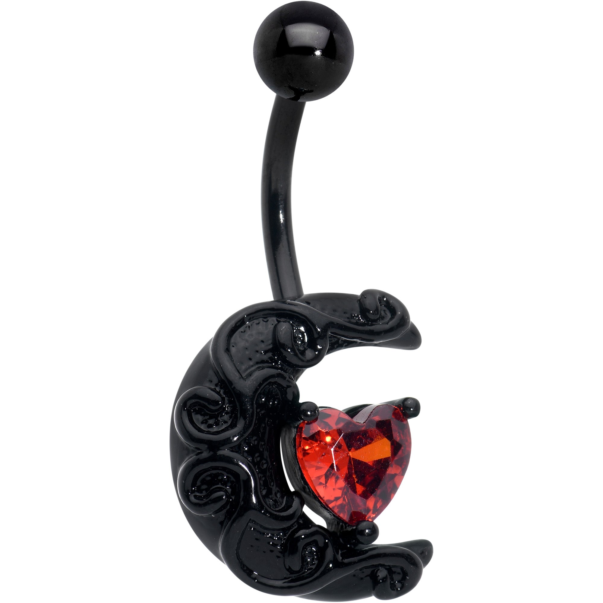 Image of Red CZ Gem Black Scroll Moon Heart Belly Ring