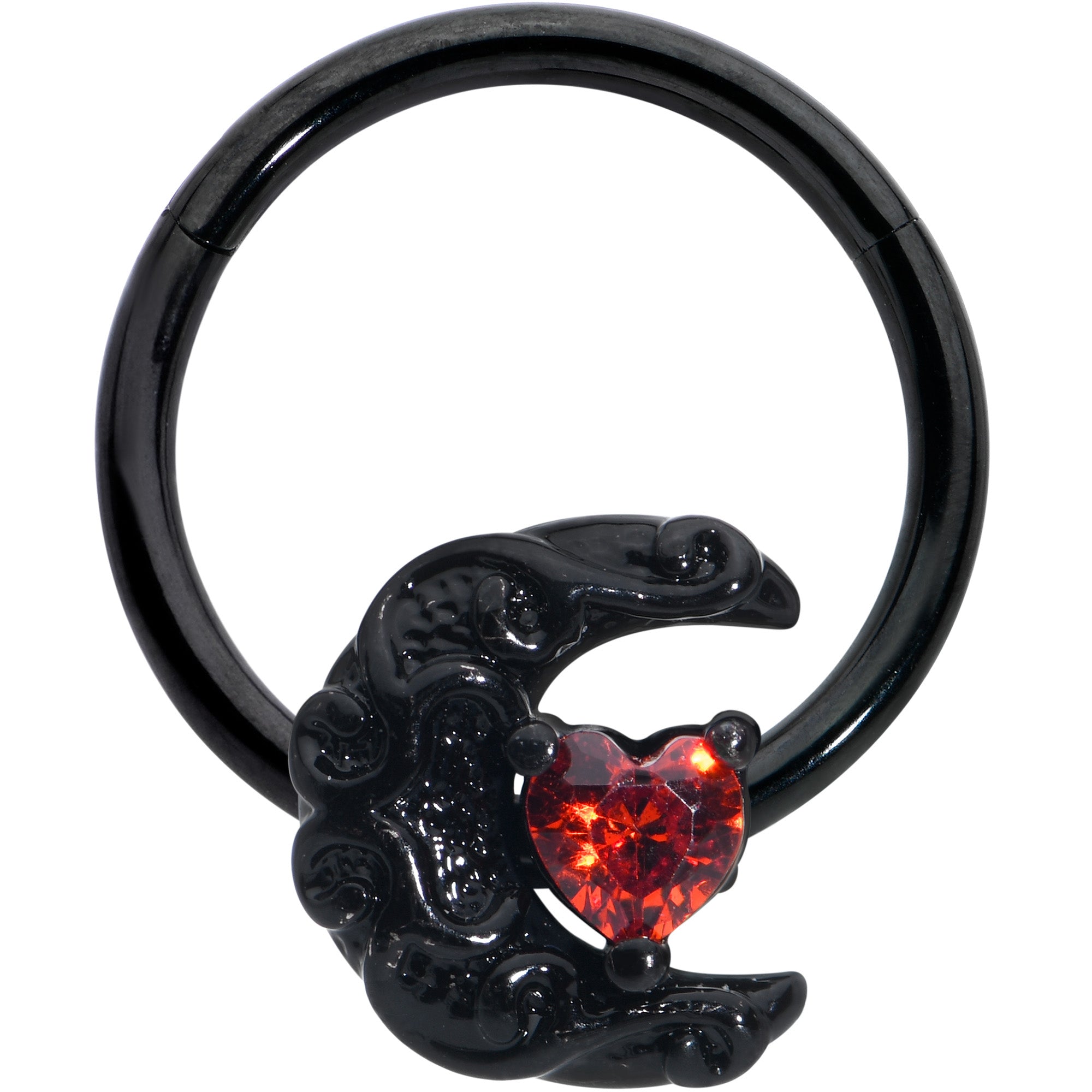 Image of 16 Gauge 3/8 Red CZ Gem Black Scroll Moon Heart Hinged Segment Ring