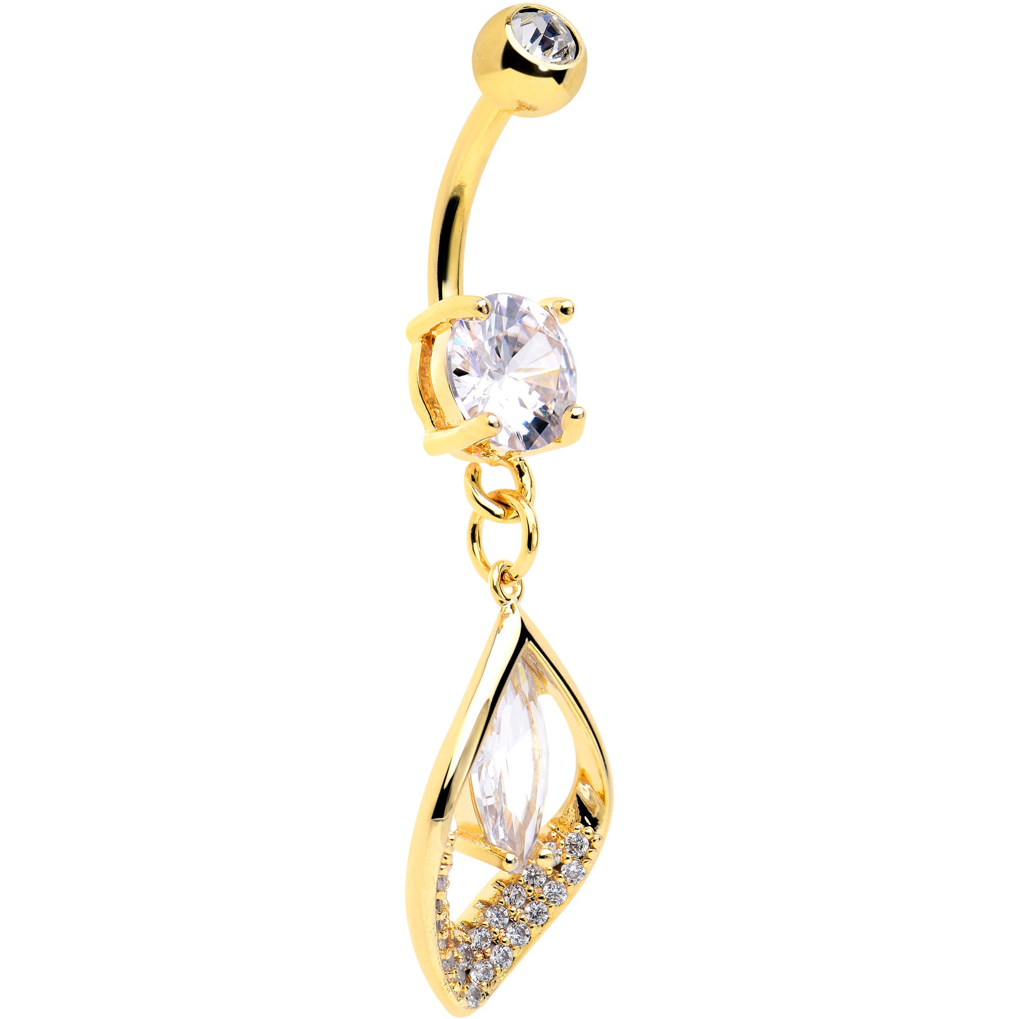 Image of Clear CZ Gem Gold Tone Lush Leaf Dangle Belly Ring