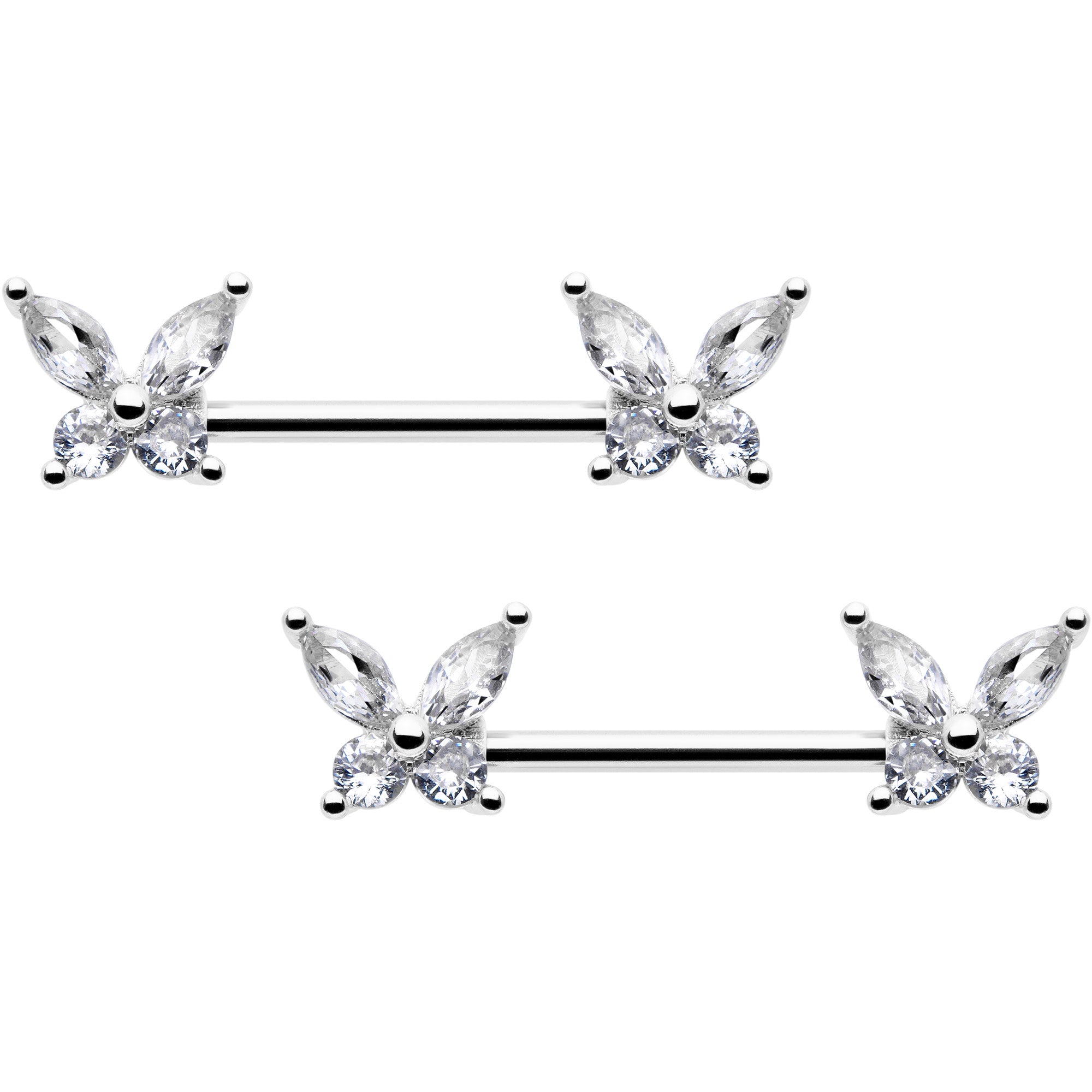 Image of 14 Gauge 9/16 Clear CZ Gem Butterflies Barbell Nipple Ring Set