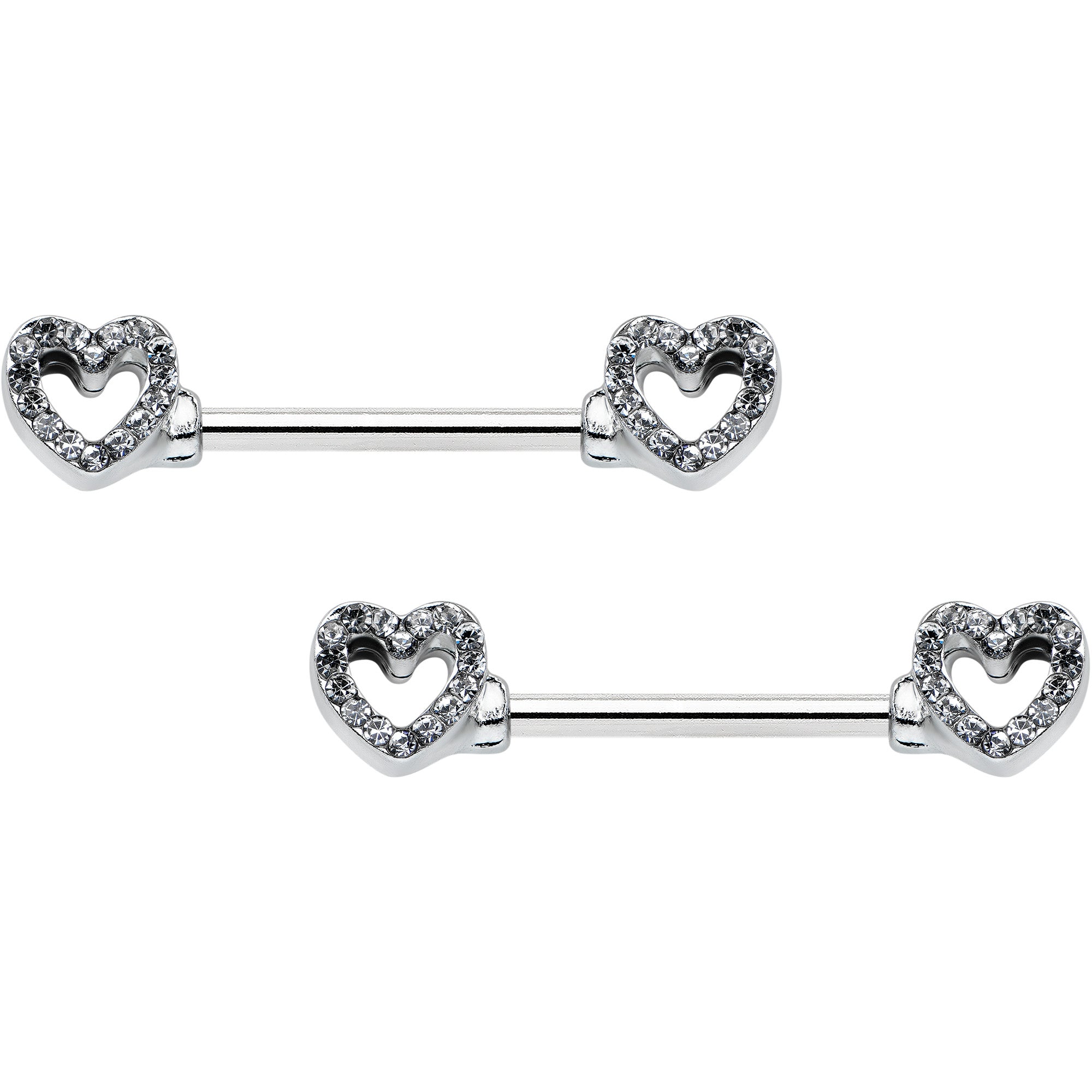 Image of 14 Gauge 9/16 Clear Gem Open Heart Valentine Barbell Nipple Ring Set