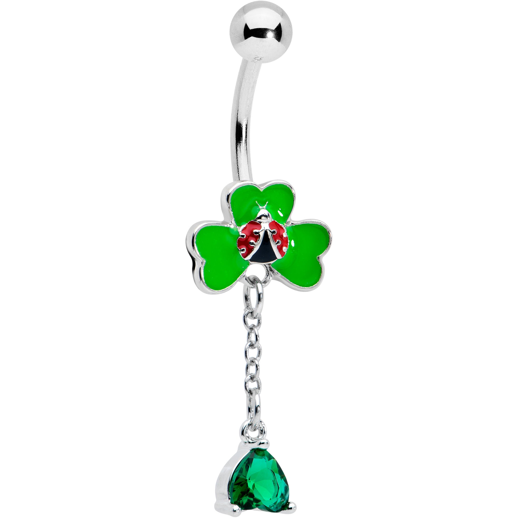 Image of Green Gem Shamrock Ladybug St Patricks Dangle Belly Ring