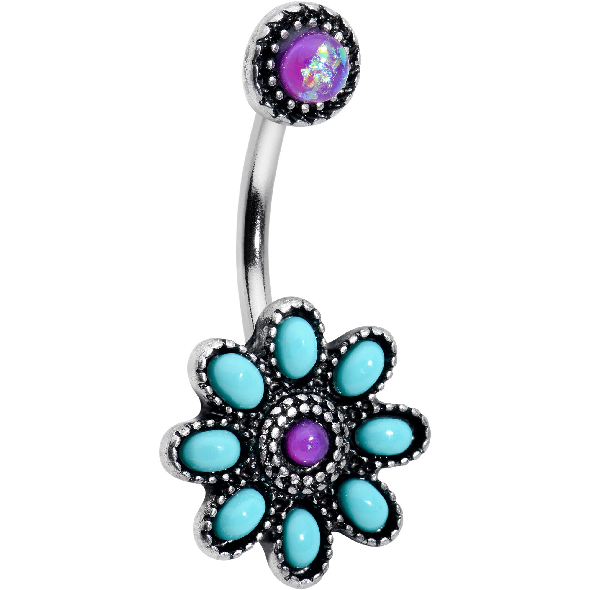 Image of Blue Faux Opal Flower Teal Petals Double Mount Belly Ring
