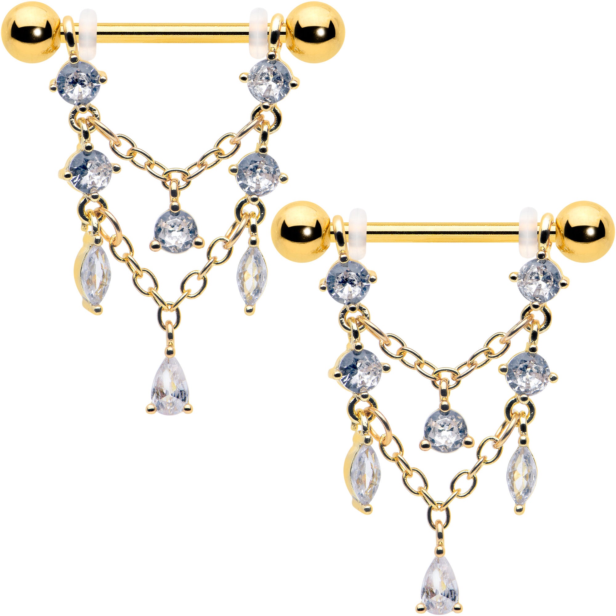 Image of 14 Gauge  9/16 Clear Gem Gold Tone Double Chain Dangle Nipple Ring Set