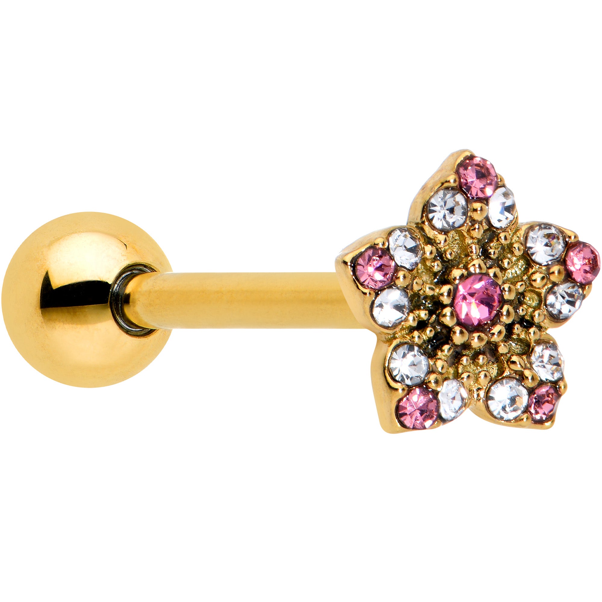 Image of Pink Clear Gem Gold Tone Texture Star Barbell Tongue Ring