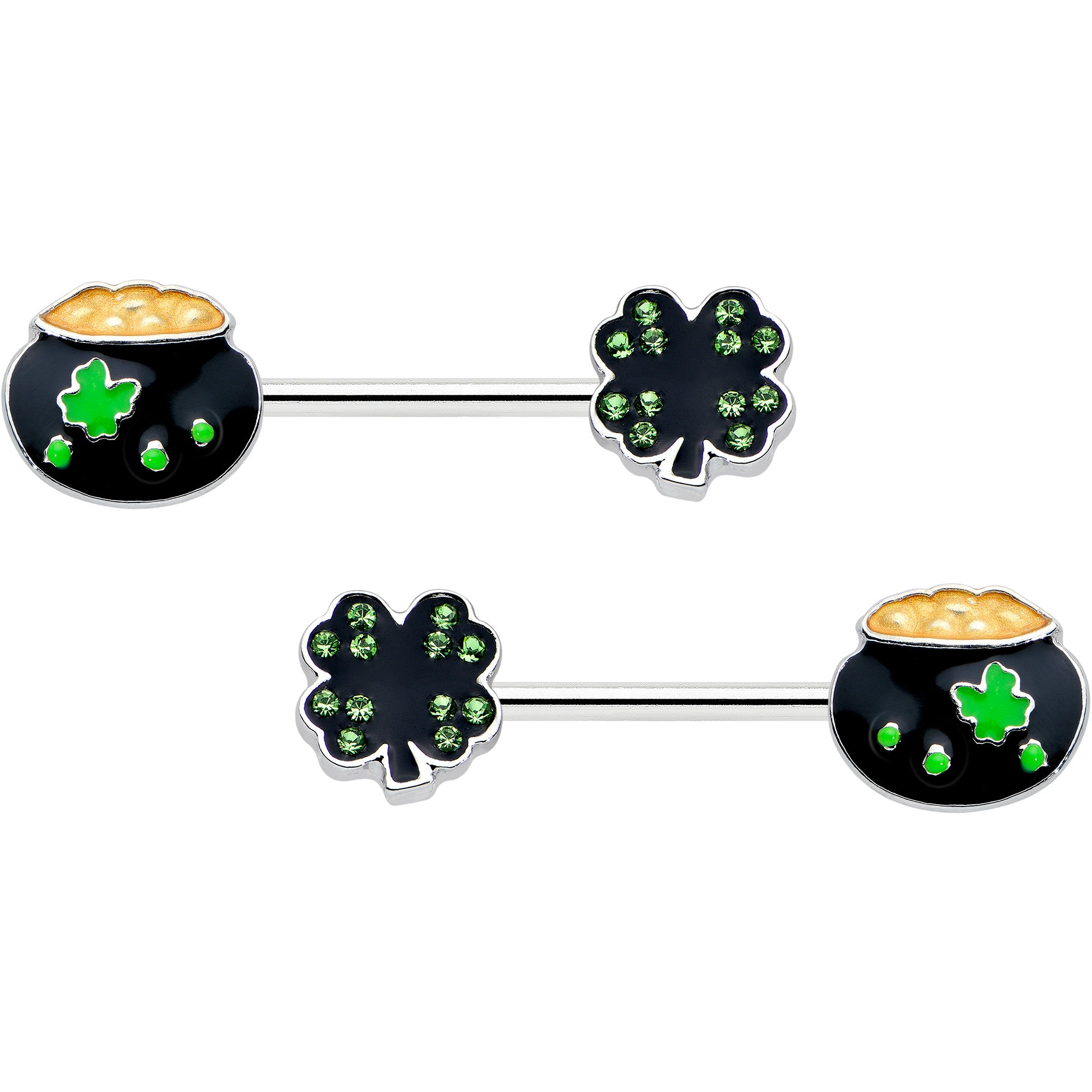 Image of 14 Gauge 9/16 Green Gem Shamrock Pot of Gold Barbell Nipple Ring Set