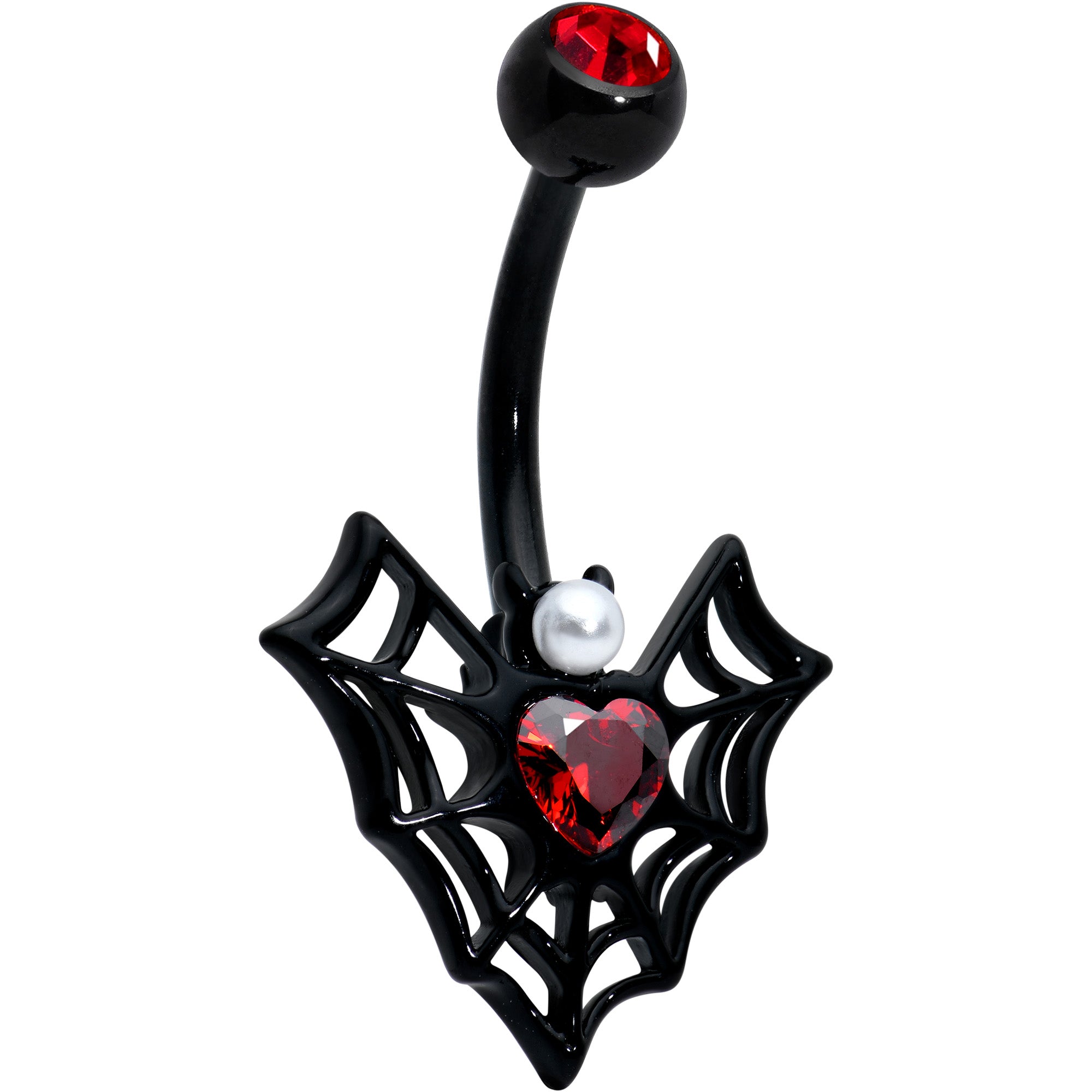 Image of Red Gem Black Gothic Bat Heart Belly Ring