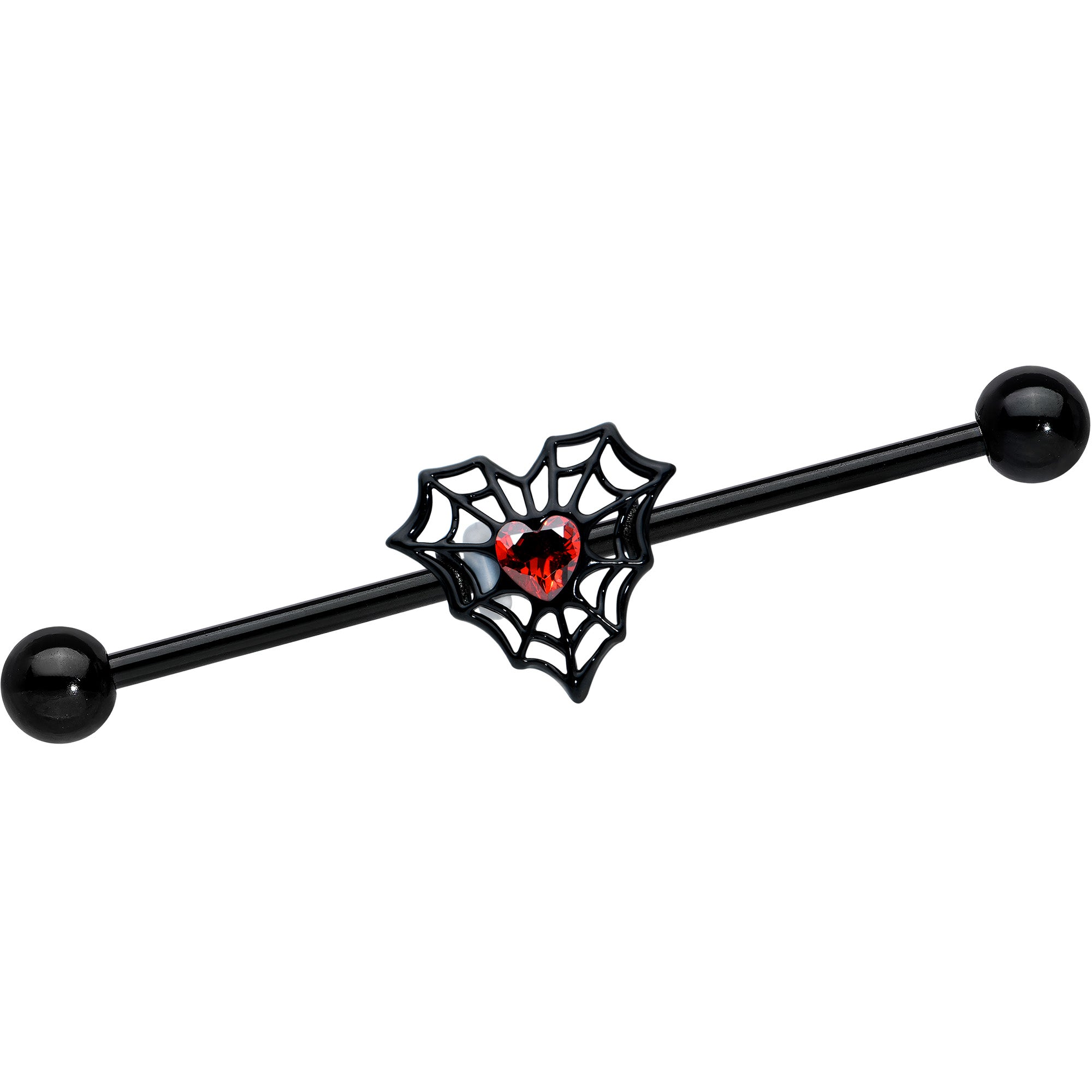 Image of 14 Gauge Red Gem Black Spider Heart Web Industrial Barbell 38mm