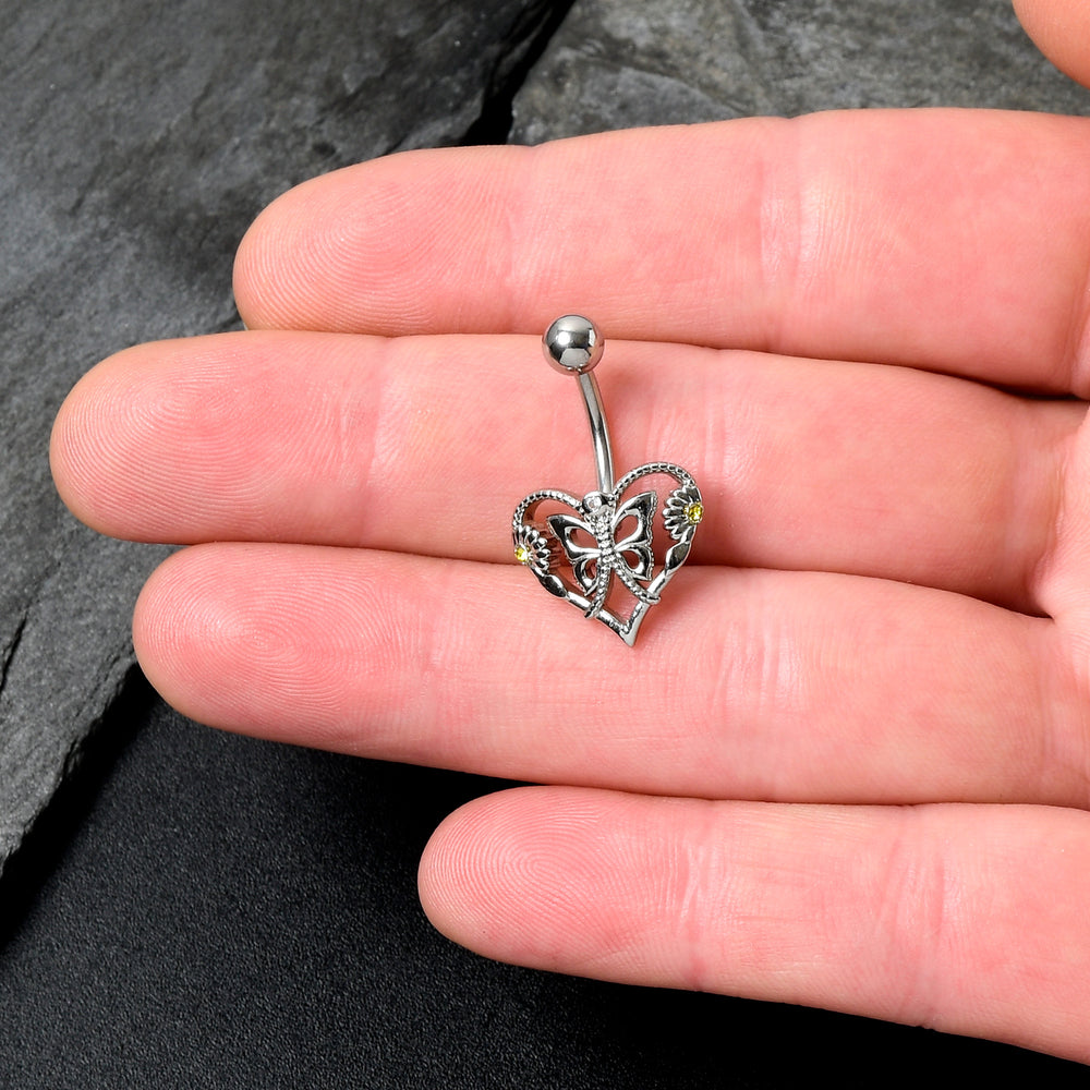 14K Belly Ring CZ White Gold Belly Ring Heart Belly Button Ring