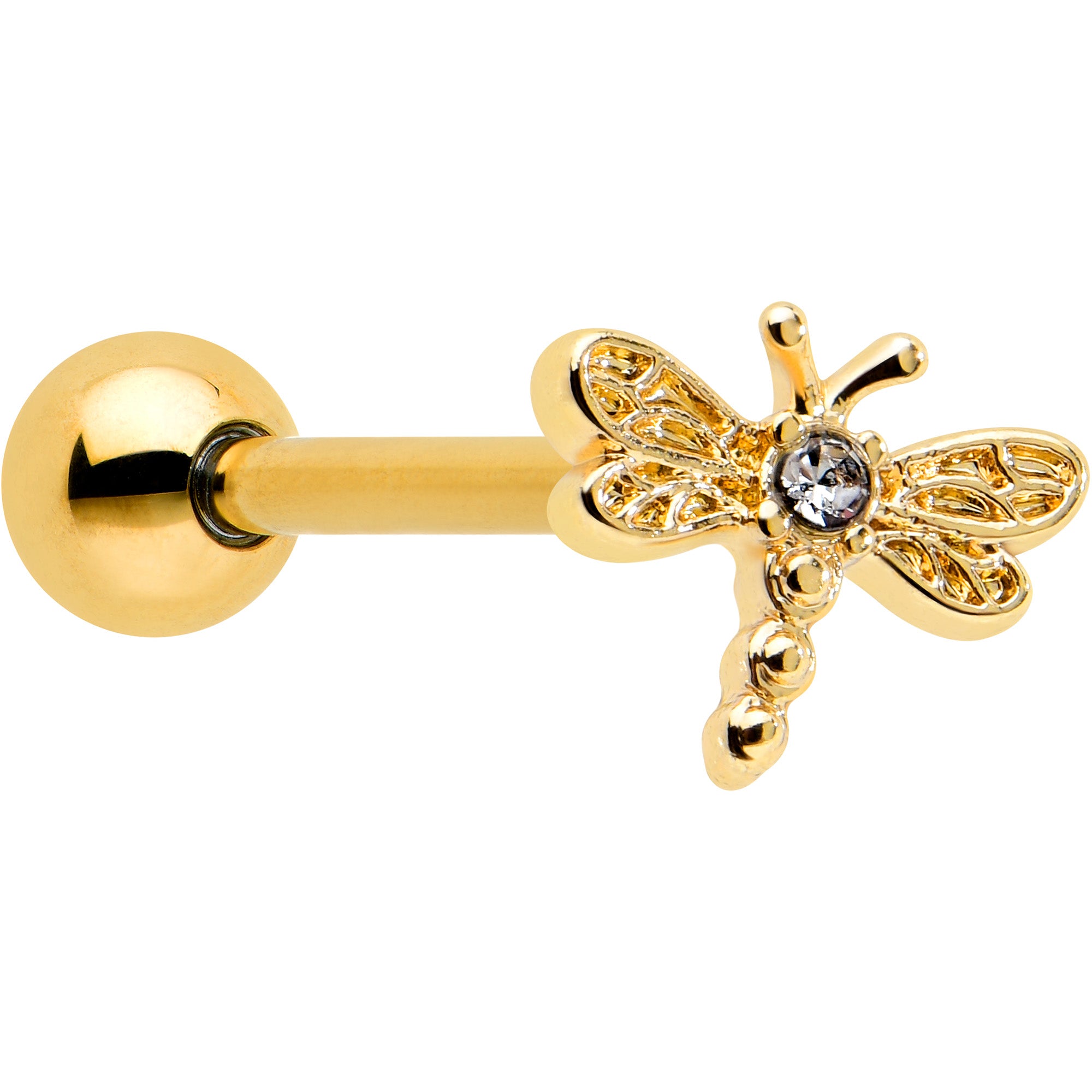 Image of Clear Gem Gold Tone Flying Dragonfly Barbell Tongue Ring