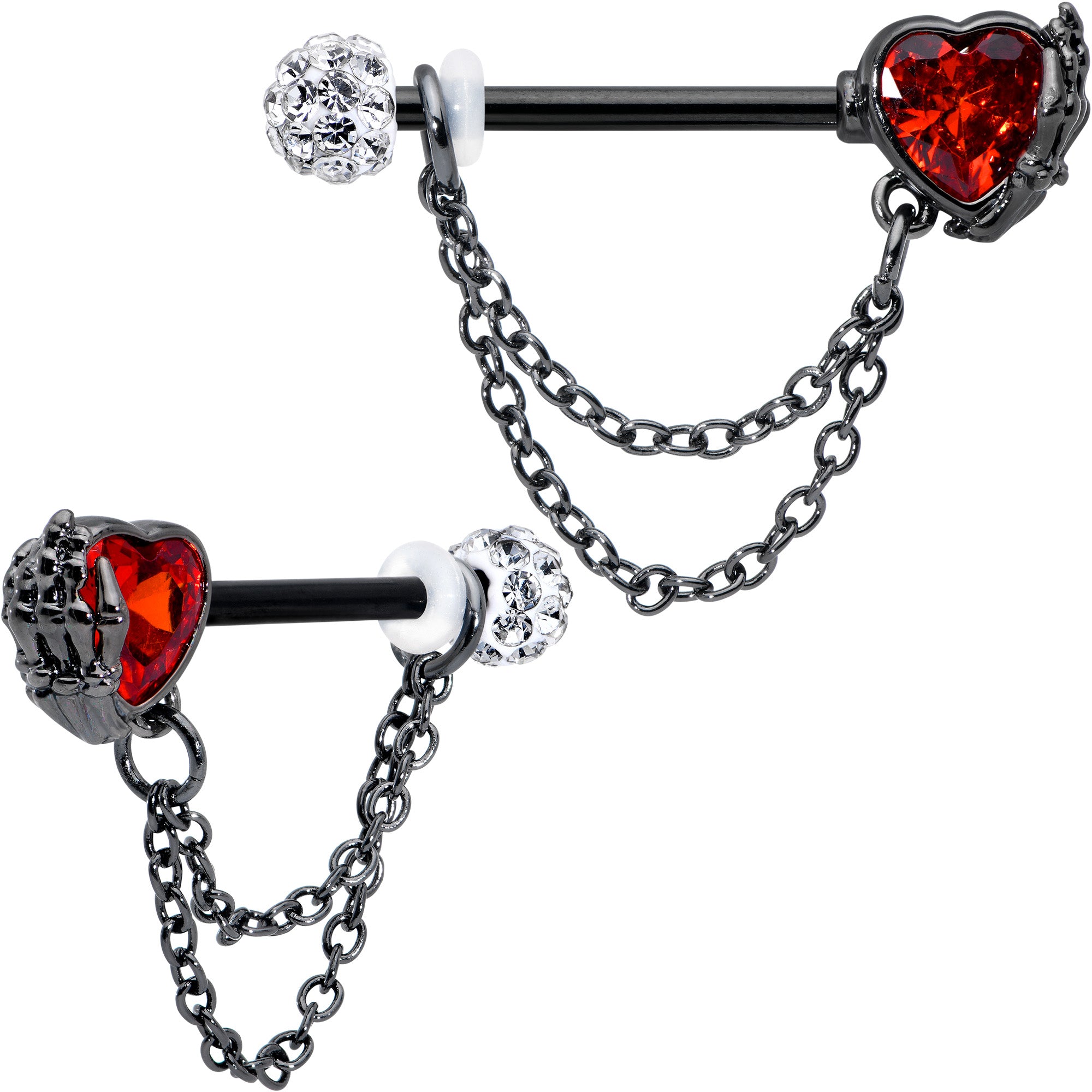 Image of 14 Gauge 9/16 Red CZ Gem Black Heart Hand Chain Dangle Nipple Ring Set
