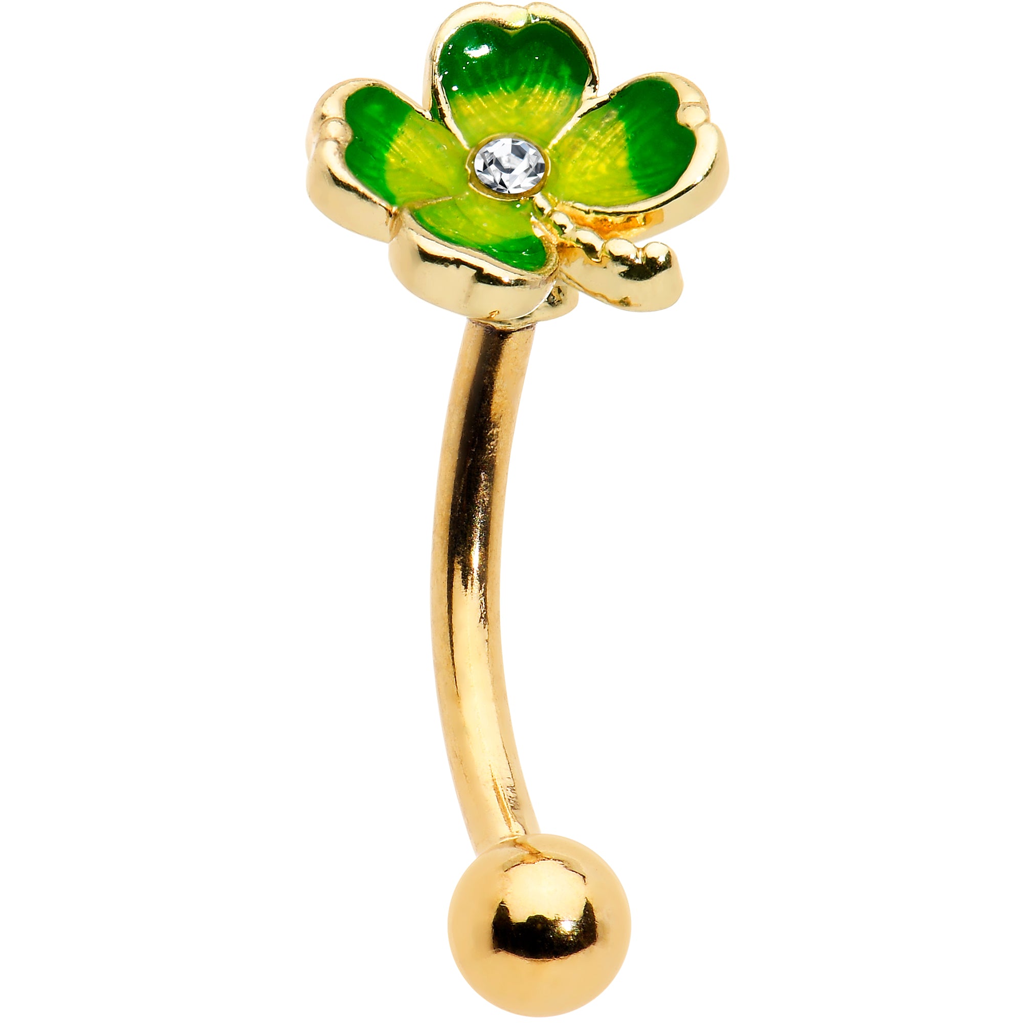 Image of 16 Gauge 5/16 Clear Gem Gold Tone Lucky Shamrock Curved Eyebrow Ring