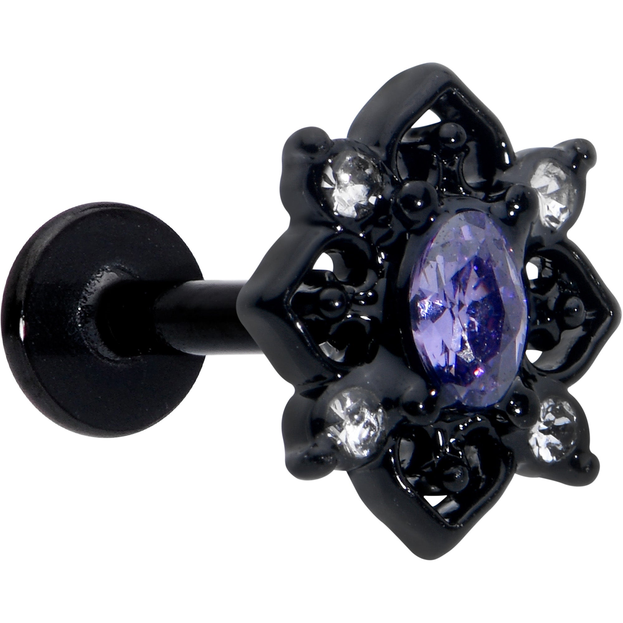 Image of 16 Gauge 5/16 Purple Gem Black Scrolling Hearts Labret Monroe Tragus