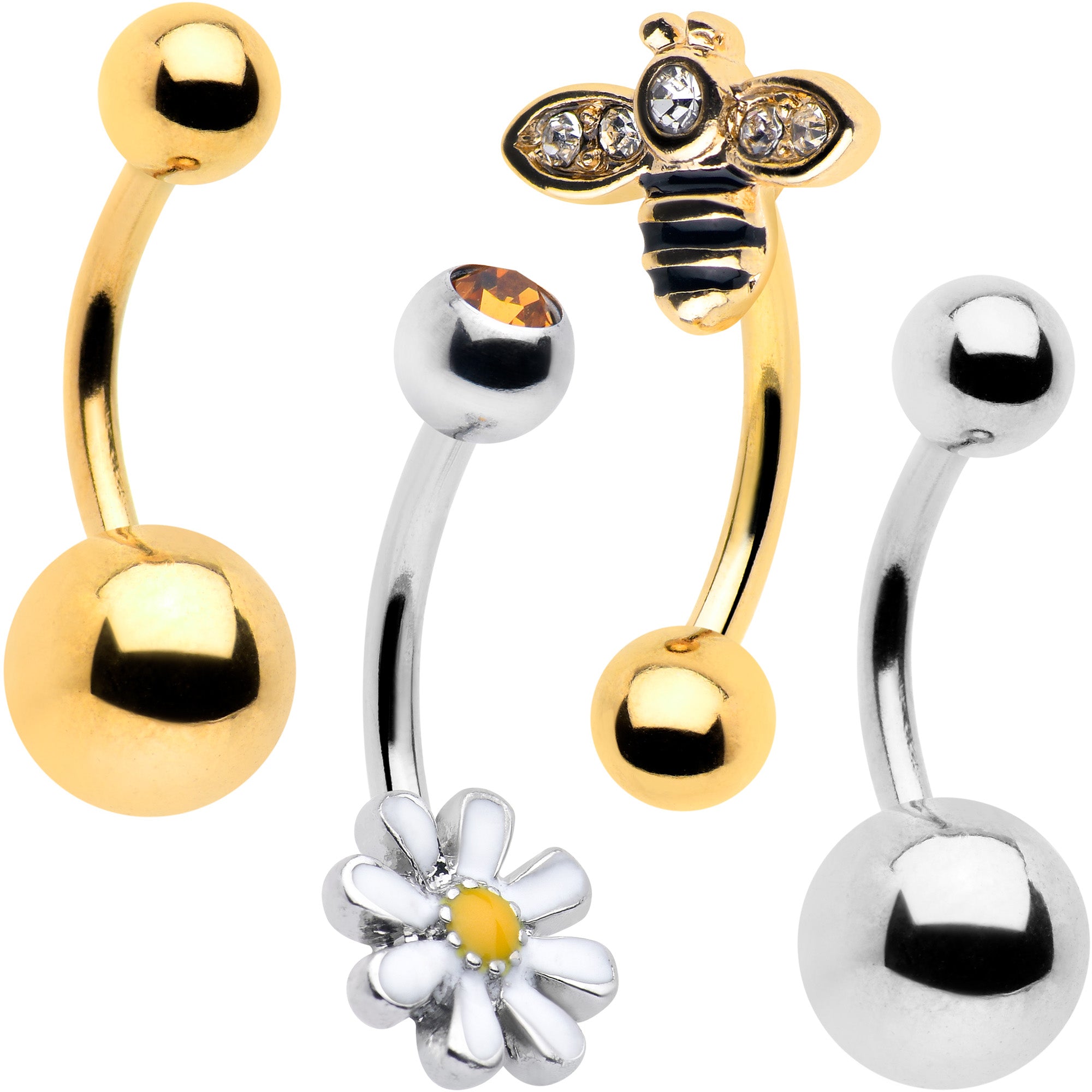 Image of Clear Yellow Gem Gold Tone Bee Flower Belly Ring Set of 4