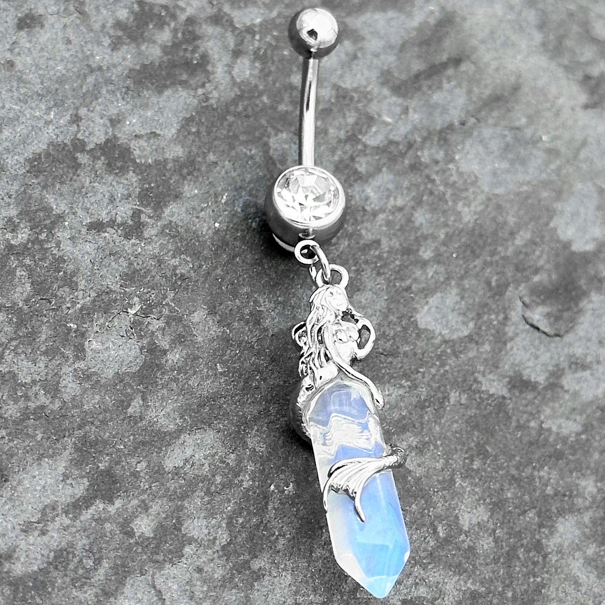 Clear Blue Gem Crescent Moon Star Double Mount Dangle Belly Ring