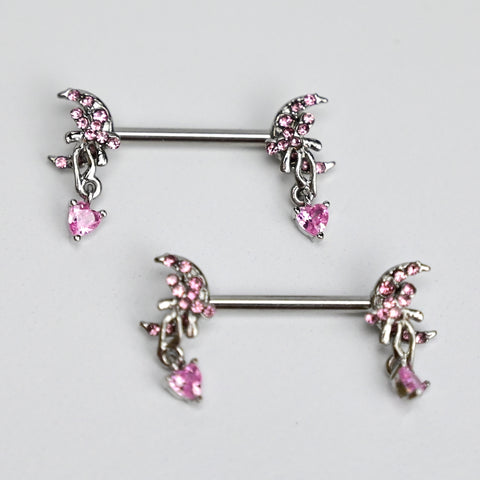 14 Gauge 9/16 Pink CZ Gem Heart Web Moon Barbell Nipple Ring Set