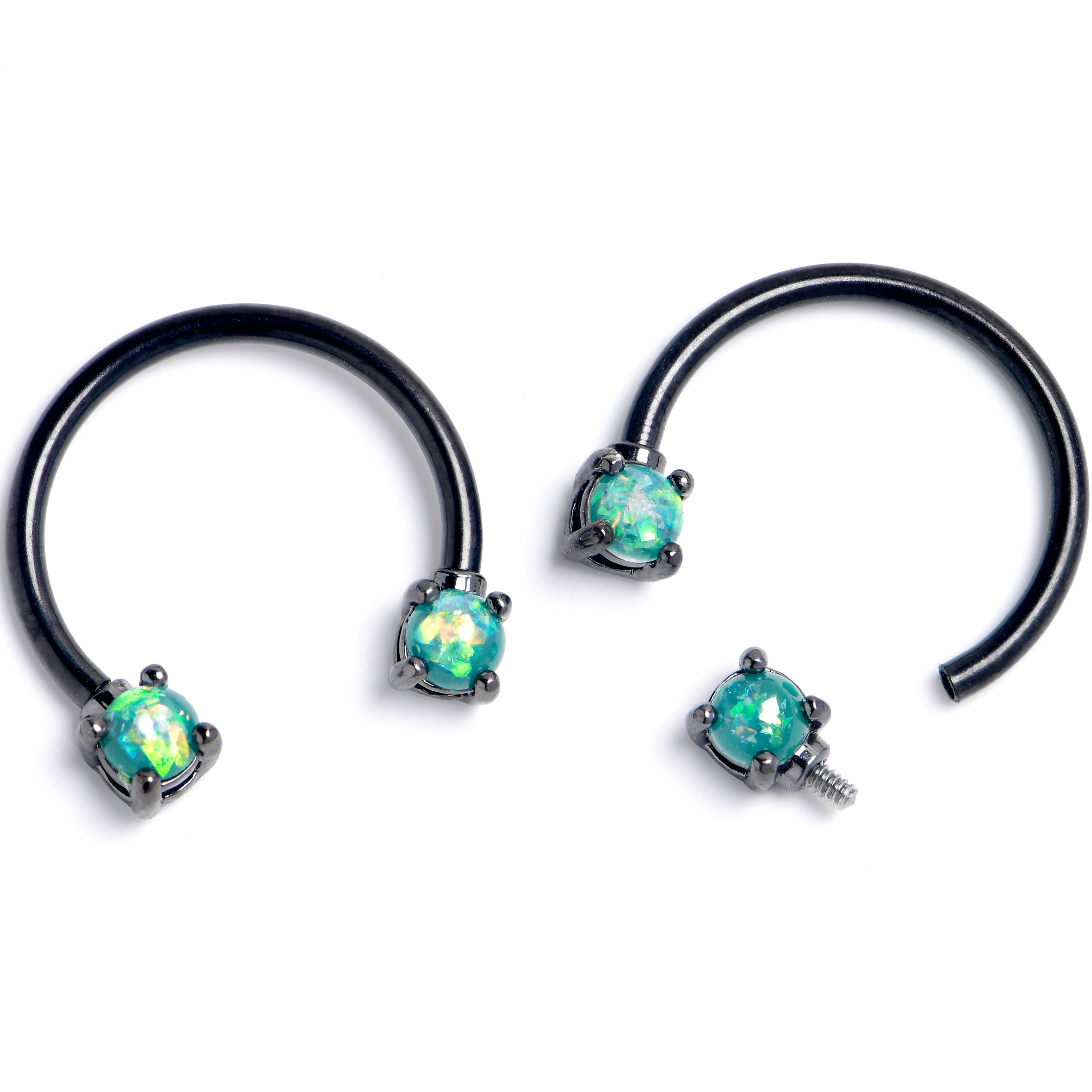 Image of 16 Gauge 3/8 Lt Green Faux Opal Black Internally Threaded Horseshoe Set