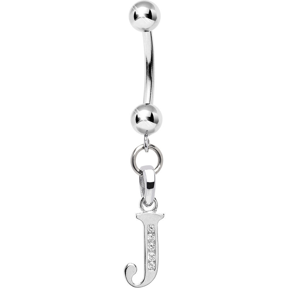 Solid 14kt White Gold CZ Initial J Belly Ring – BodyCandy