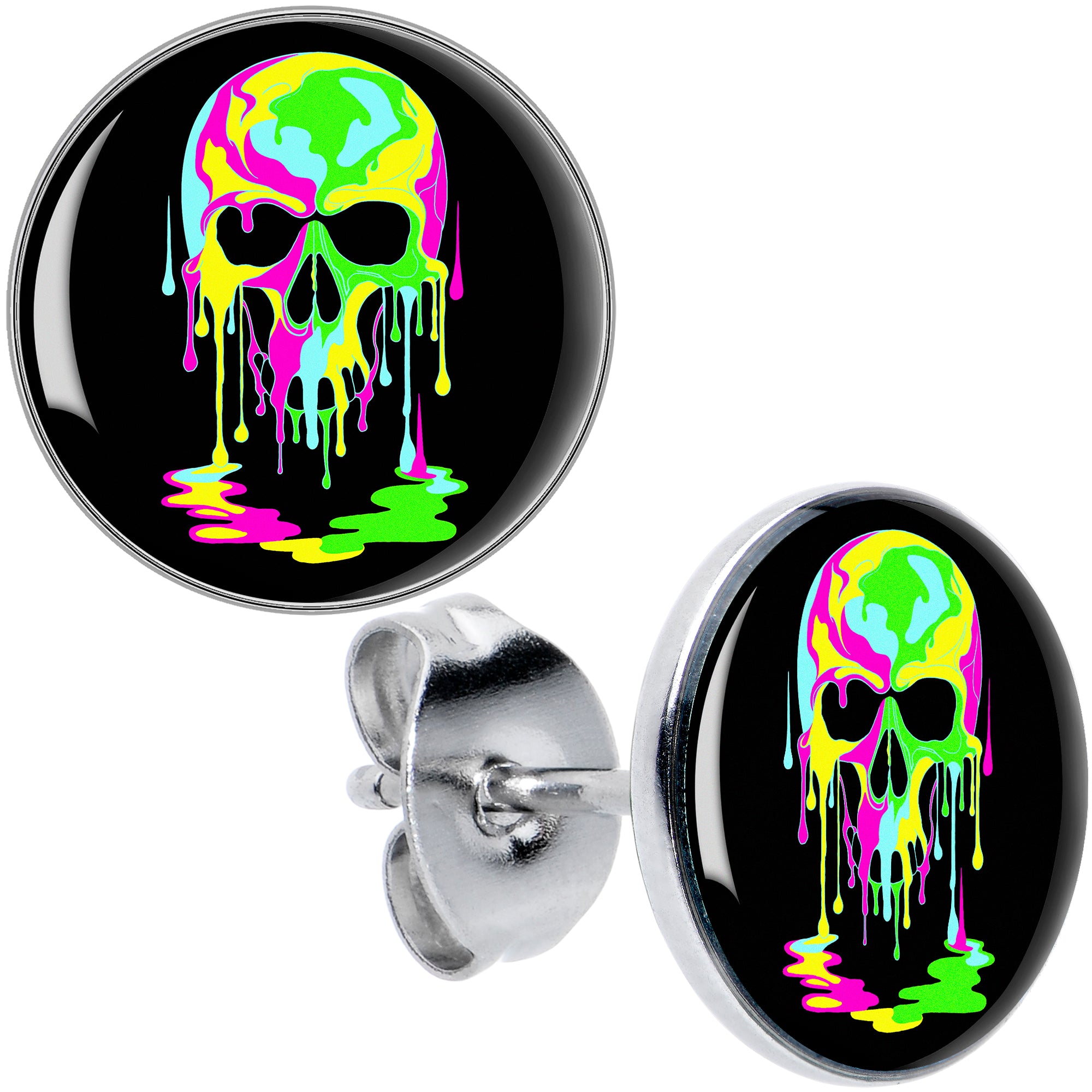 Black Anodized Gothic Rose Flower Skull Glow in the Dark Stud Earrings