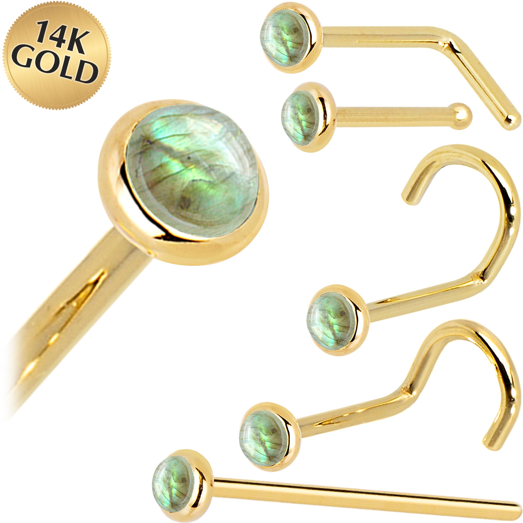 Solid 14KT Yellow Gold 2mm Aventurine Quartz Nose Ring