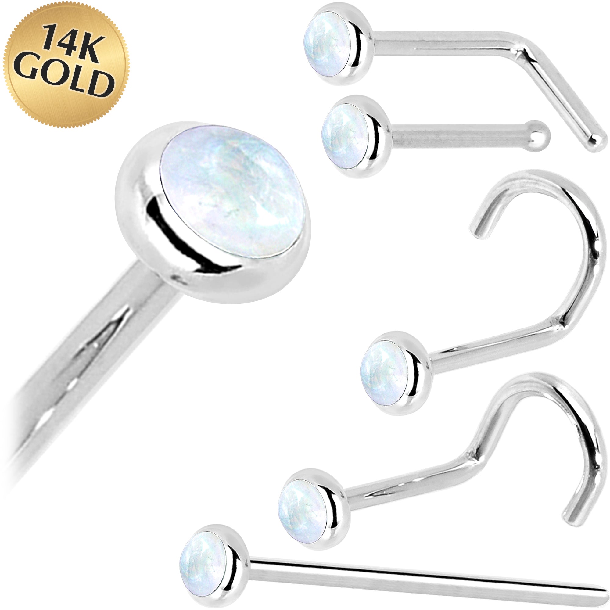 Solid 14KT Yellow Gold 2mm Rainbow Moonstone Nose Ring