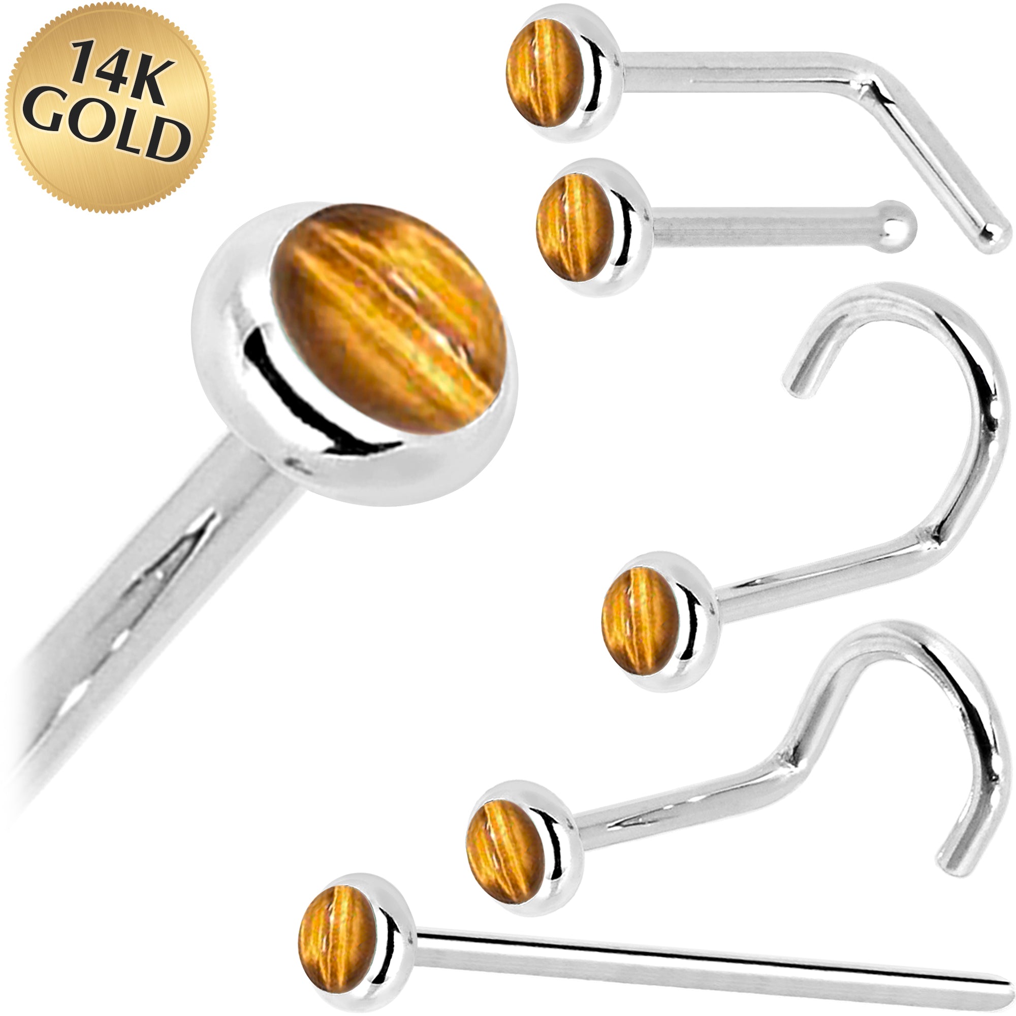 Image of Solid 14KT White Gold 2mm Tiger Eye Nose Ring