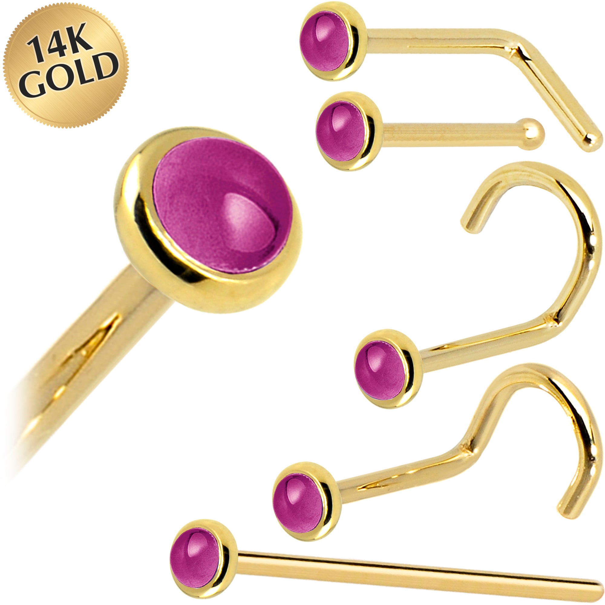 Solid 14KT Yellow Gold (February) 2mm Genuine Amethyst Nose Ring