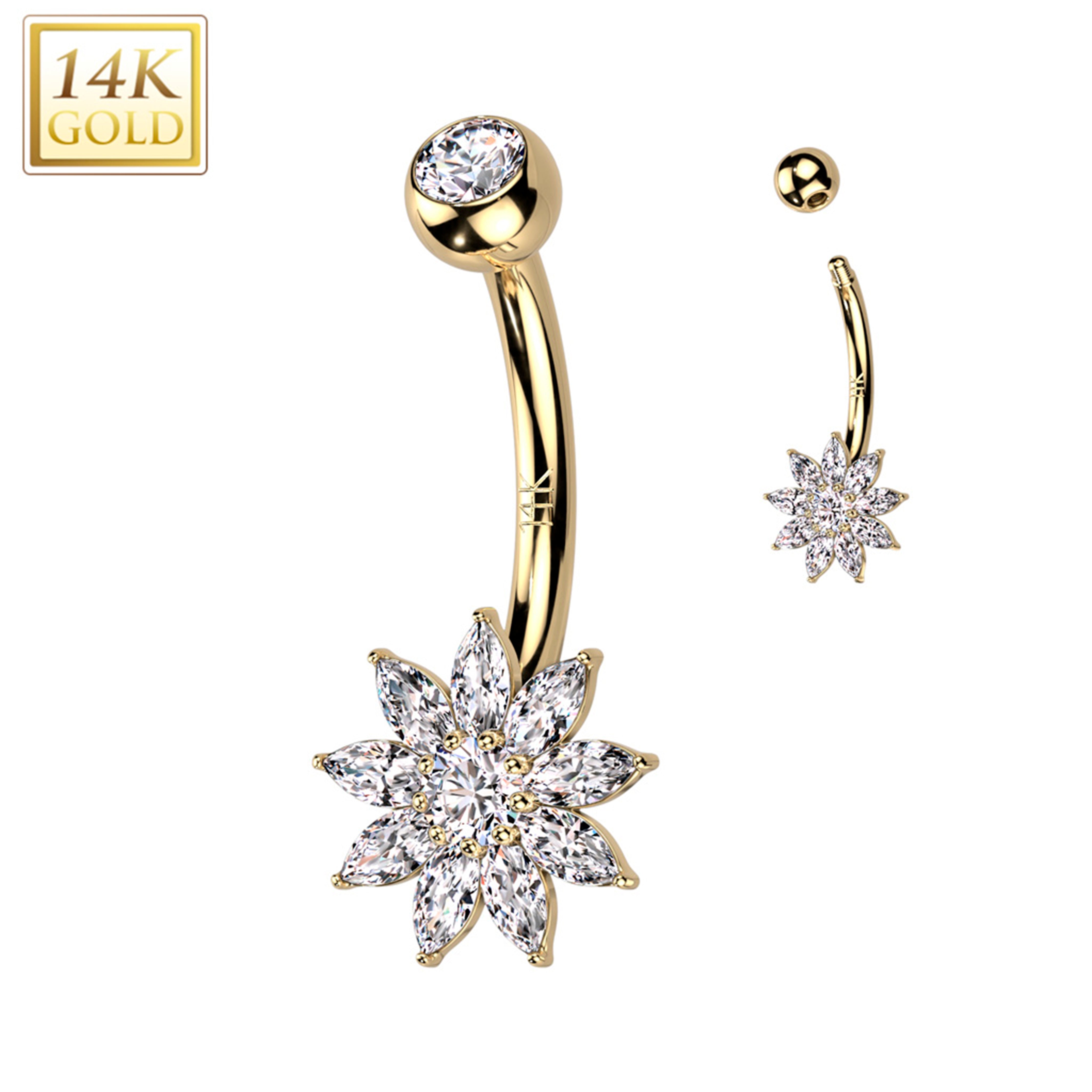 14kt Gold Plated Surgical Steel Double Jeweled CZ Crystal Belly Button Ring  - Forbidden Body Jewelry