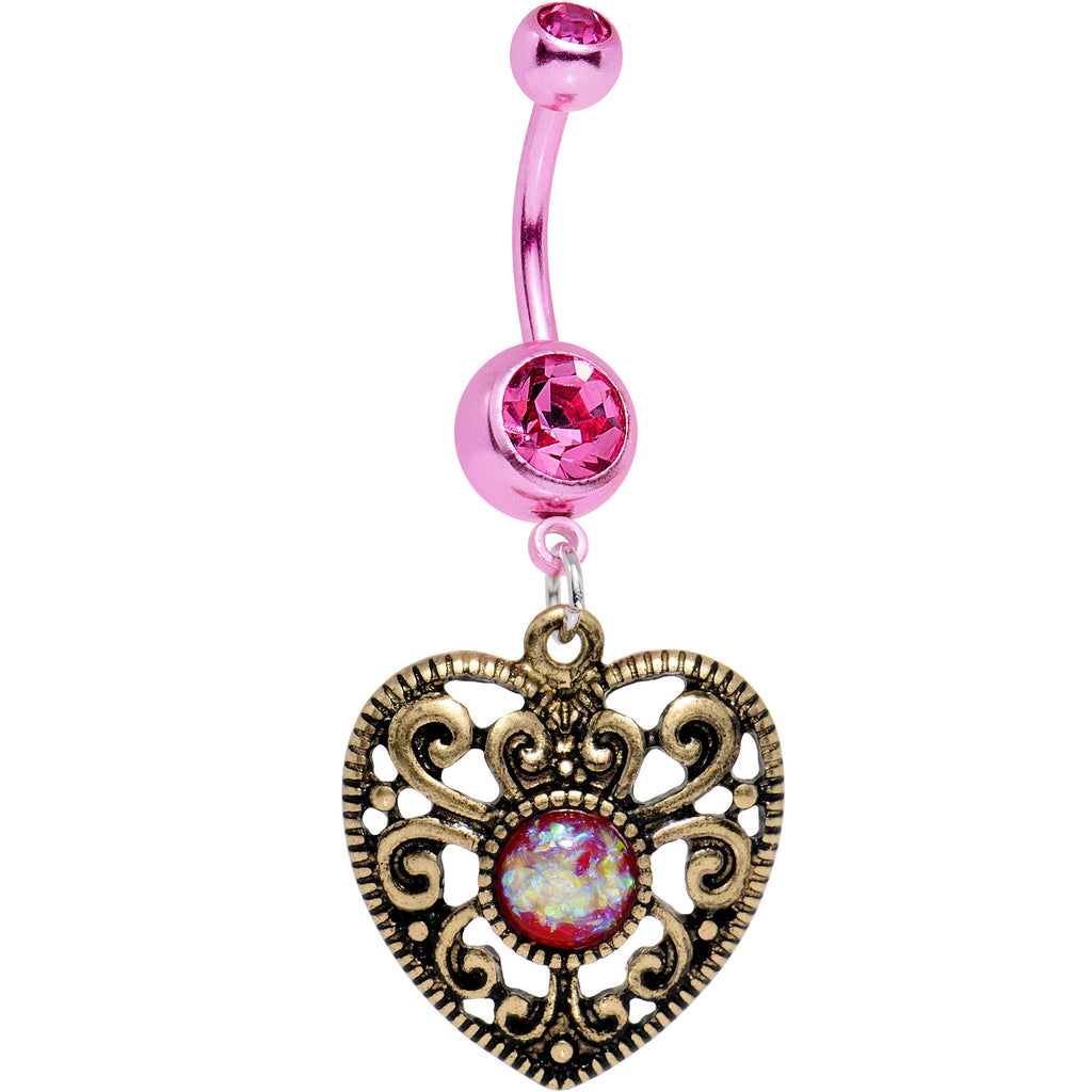 Pink Faux Opal Pink Bygone Heart Dangle Belly Ring Bodycandy