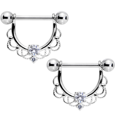 Pair of Double Gem Filigree Lace Nipple Piercing Rings Barbells - 14 Gauge  5/8