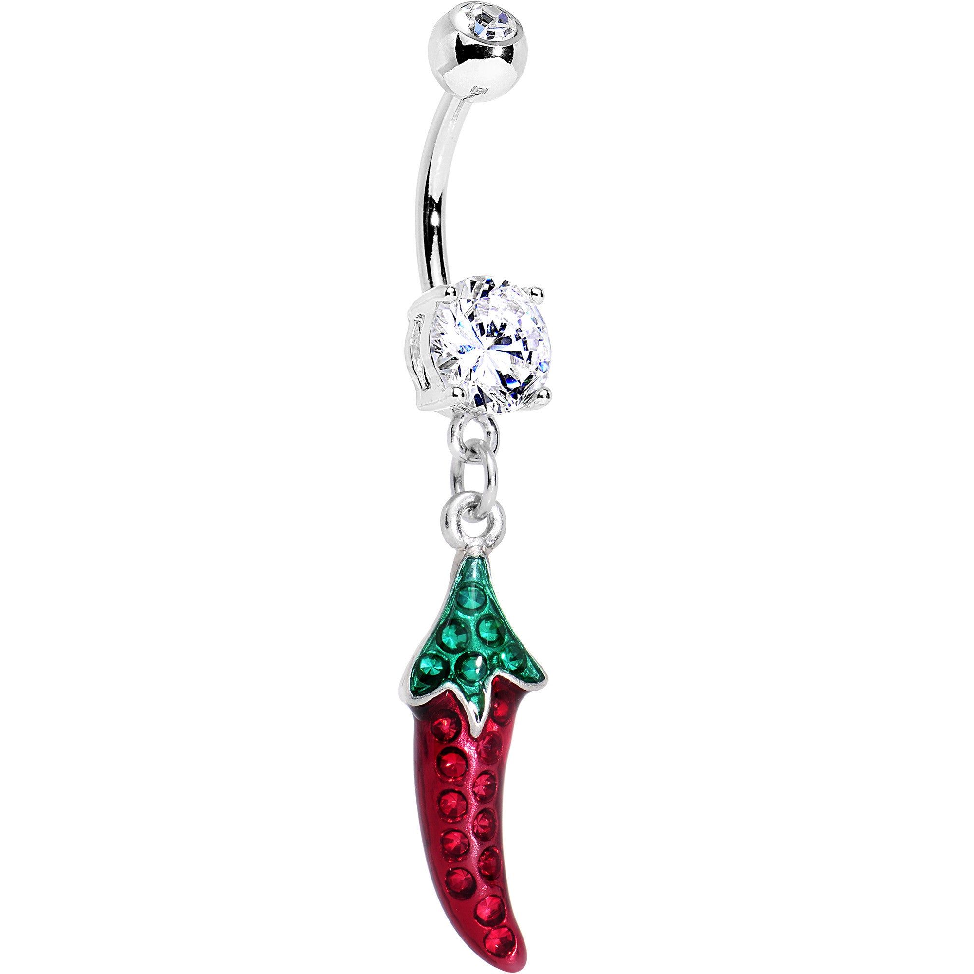 Image of Clear Green Red Gem Caliente Hot Pepper Dangle Belly Ring