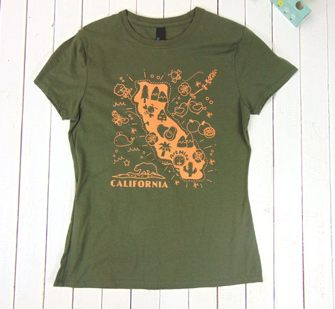 Soft Women's Tee "Art Mina California Map" [Color : Fatigue]