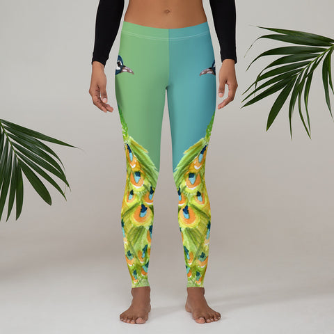 Colorful Watercolor Peacock Leggings for Women, Yoga Pants