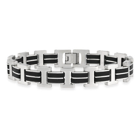 Stainless and Rubber "I" and Double Bar Men's Link Bracelet