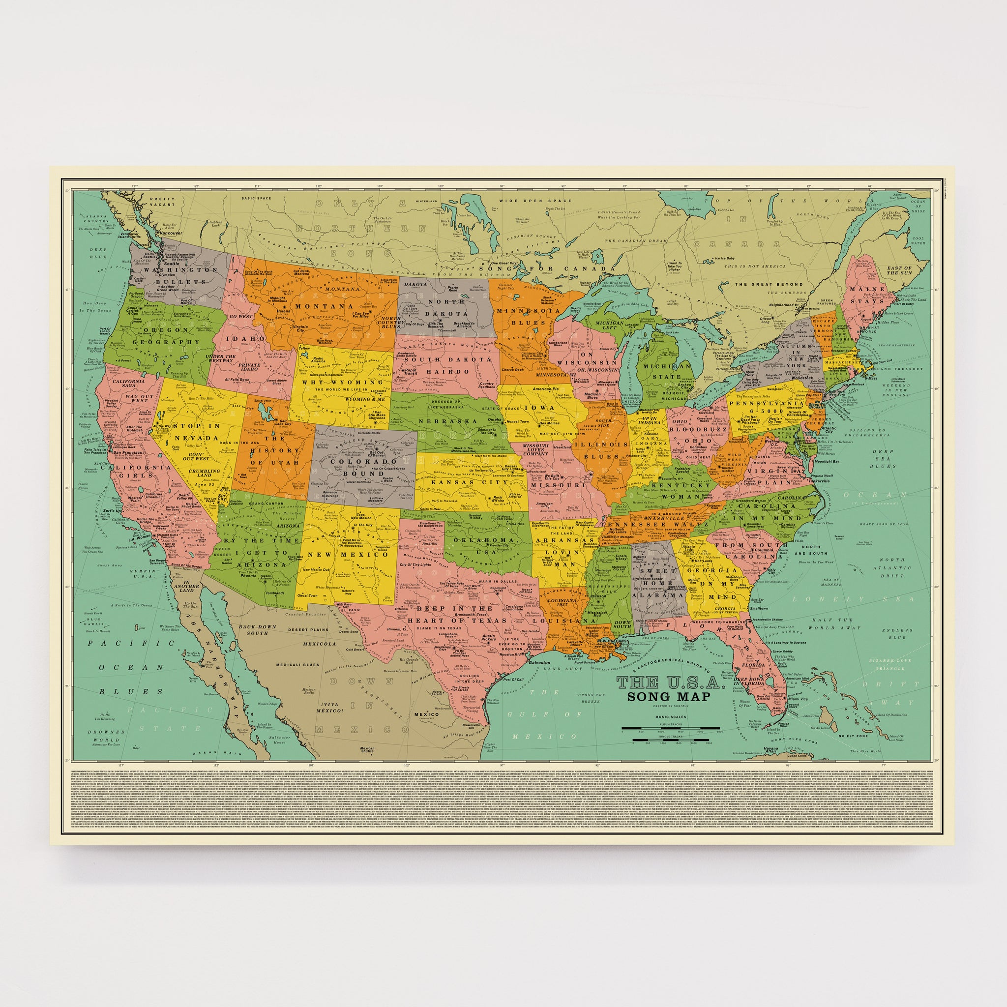 U.S.A. Song Map Print Up Entirely From Song Titles