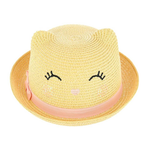 CTM® Girl's Smiling Kitty Face Straw Sun Hat