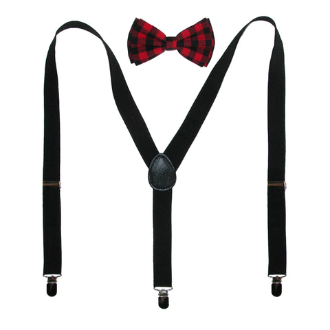 CTM® Men's Buffalo Plaid Bow Tie with Solid Suspender Set