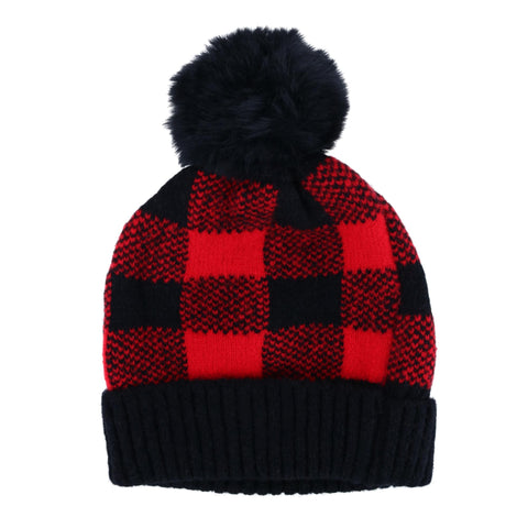 Love of Fashion Women's Knit Buffalo Plaid Winter Beanie Hat with Pom