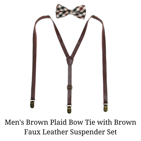 Men's Brown Plaid Bow Tie with Brown Faux Leather Suspender Set