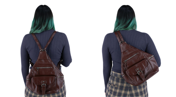 Woman Wearing the Leather Sling Strap Backpack in Two Styles