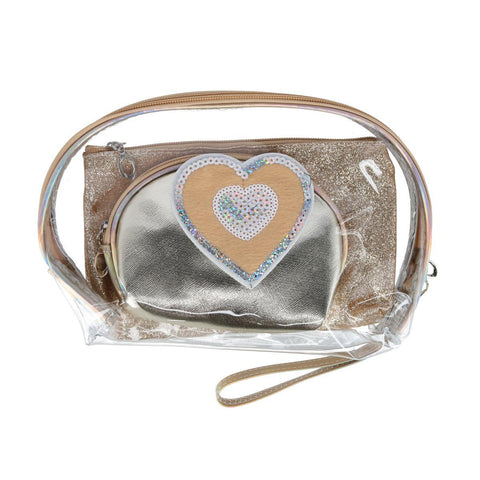 CTM® Women's 3 Piece Metallic Heart Cosmetic Bag Set