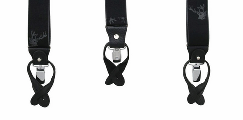 Drop tab with button closure suspenders